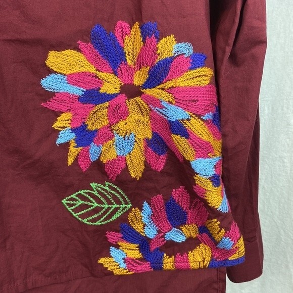 Anthropologie Red Embroidered Floral Button Front Long Sleeve Top by Maeve 6 - Picture 7 of 9